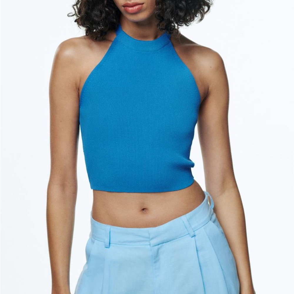 ZARA Blue Halter Neck Ribbed Crop Top